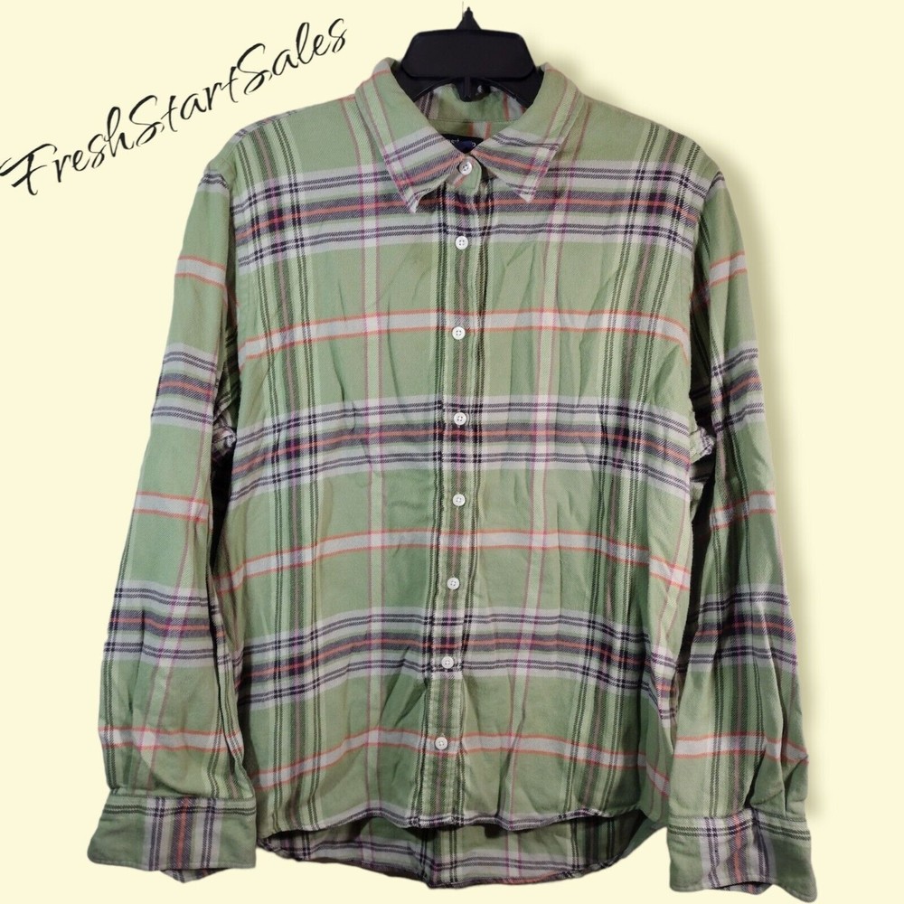 Lands End Women's L Green Plaid Button Down 100% Baumwolle Cotton Flannel Top